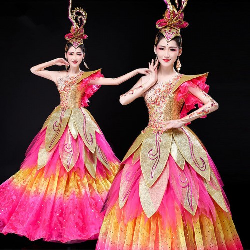 Women's pink petals opening dance chorus ballroom dance dress fairy oriental drama cosplay dresses